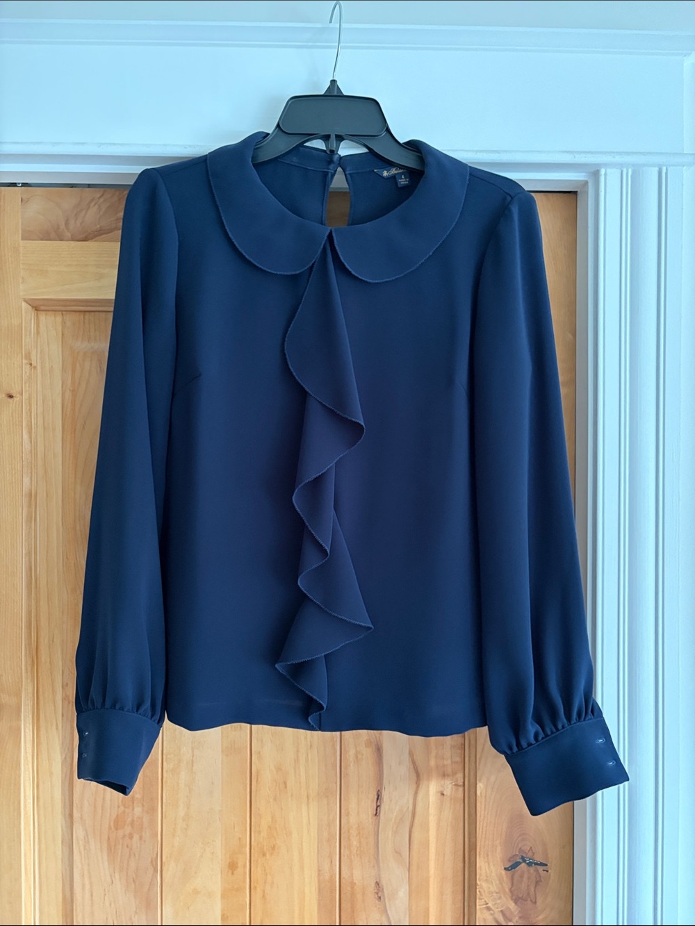 Brooks Brothers Navy Ruffle-Front Blouse with Peter Pan Collar